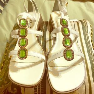 Vintage white sandals with emerald green diamonds